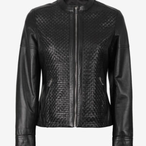 Women's Black Textured Cafe Racer Leather Jacket