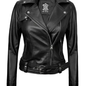 Angela Womens Black Asymmetrical Belted Leather Jacket