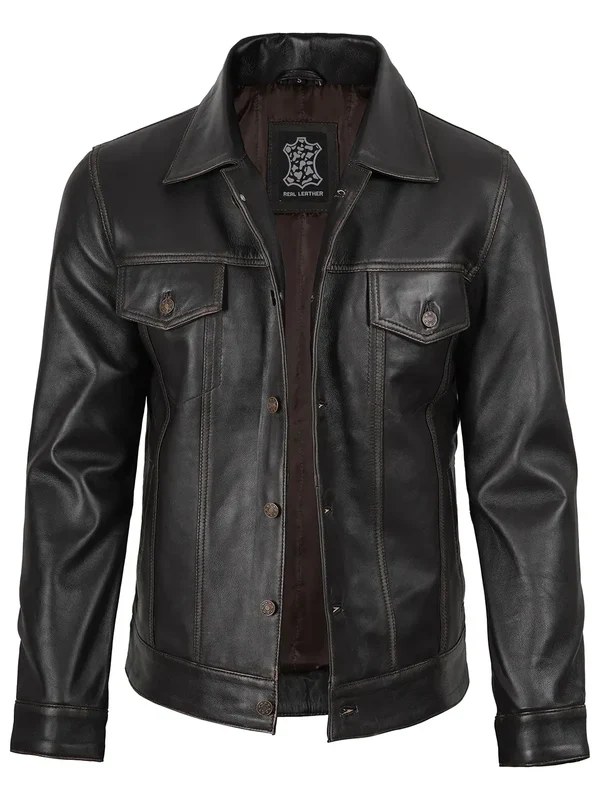 Men's Dark Brown Trucker Leather Jacket