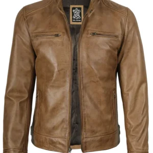 Dodge Men's Camel Brown Leather Cafe Racer Jacket