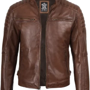 Mens Cognac Brown Cafe Racer Leather Jacket