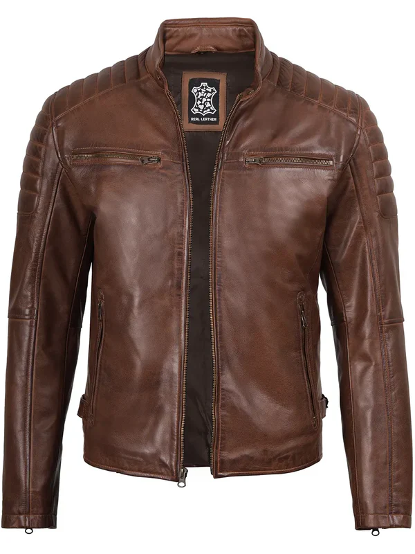 Mens Cognac Brown Cafe Racer Leather Jacket