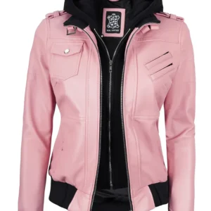 Women's Pink Leather Jacket with Removable Hood