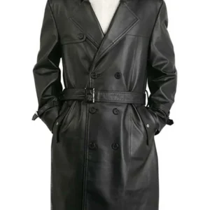 Mens Belted Double Breasted Black Leather Trench Coat