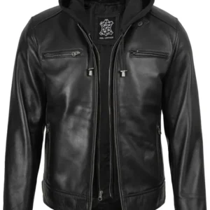 Men's Black Biker Style Leather Jacket with Removable Hood