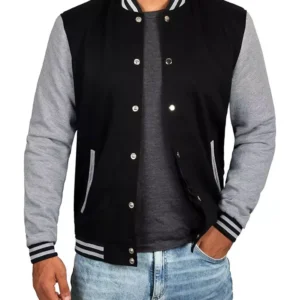 Men’s Black Varsity Baseball Jacket – Grey Sleeves Bomber Style