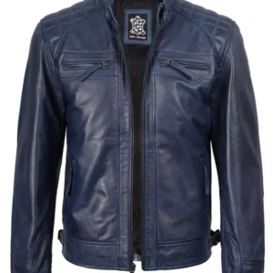 Men's Blue Wax Cafe Racer Leather Jacket