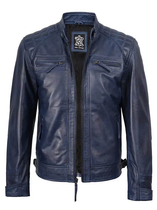 Men's Blue Wax Cafe Racer Leather Jacket