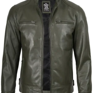 Dodge Mens Green Cafe Racer Real Leather Jacket