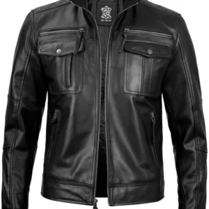Moffit Mens Black Cafe Racer Real Leather Jacket