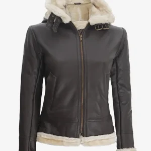 Womens Dark Brown Hooded Shearling Leather Jacket