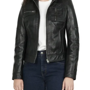 Tavares Womens Black Cafe Racer Style Leather Jacket