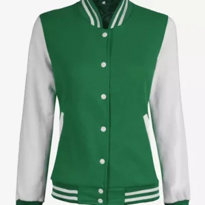 Women's Green and White Letterman Jacket - Baseball Bomber Style
