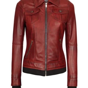 Tralee Women's Maroon Bomber Leather Jacket with Hood