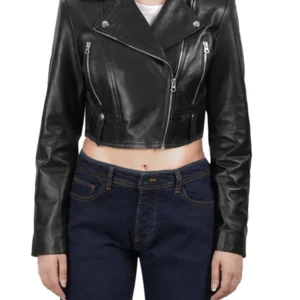 Colleen Women’s Cropped Black Biker Style Leather Jacket