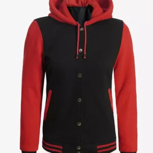 Women's Black and Red Hooded Varsity Jacket - Baseball Style