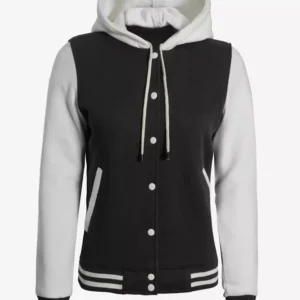 Women's Black and White Hooded Varsity Jacket - Letterman Style