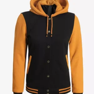 Women’s Black and Yellow Varsity Jacket – Hooded Letterman Bomber