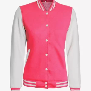 Women's Pink and White Varsity Baseball Jacket - Bomber Style