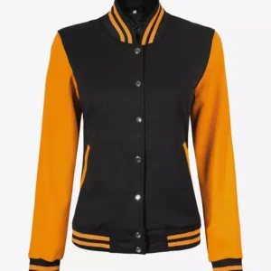 Women’s Black and Yellow Letterman Jacket – Baseball Style Varsity Bomber