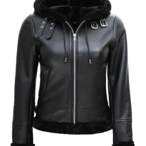 Womens Black Leather Hooded Shearling Jacket