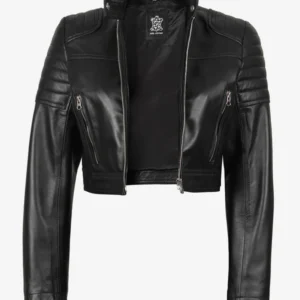 Women's Black Cropped Leather Biker Style Jacket