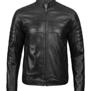 Austin Mens Black Cafe Racer Real Leather Jacket