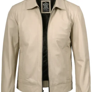 Men's Beige Real Leather Harrington Jacket