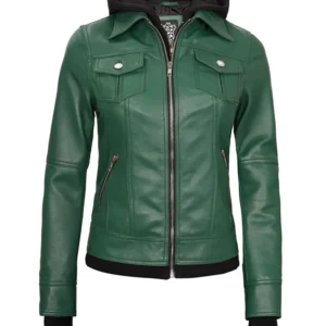 Tralee Women's Green Real Leather Jacket with Hood