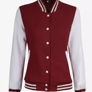 Womens Maroon Varsity Jacket with White Sleeves - Baseball Style Jacket