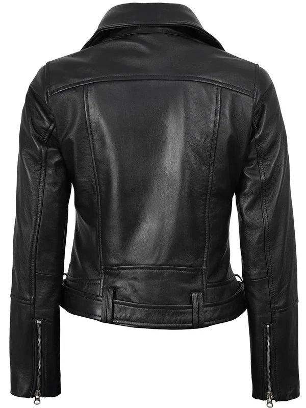 Womens Asymmetrical Black Biker Style Leather Jacket - Image 4