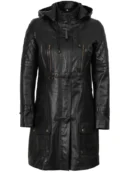 Women’s Black 3/4 Length Leather Coat With Hood