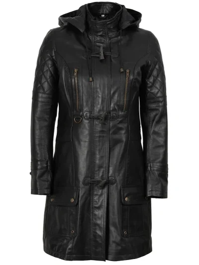 Women’s Black 3/4 Length Leather Coat With Hood