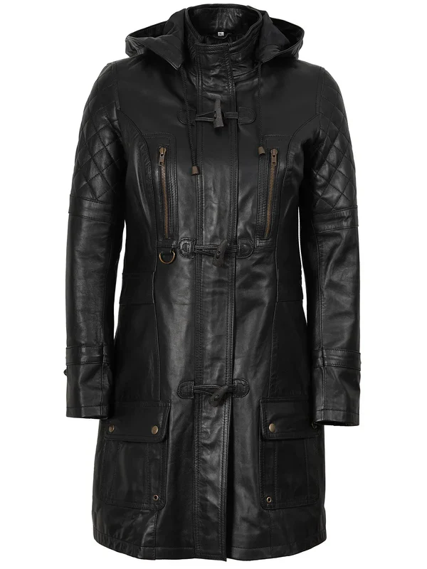 Women’s Black 3/4 Length Leather Coat With Hood