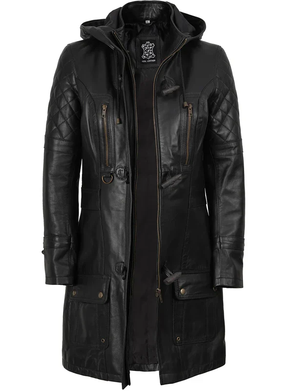 Women’s Black 3/4 Length Leather Coat With Hood - Image 4