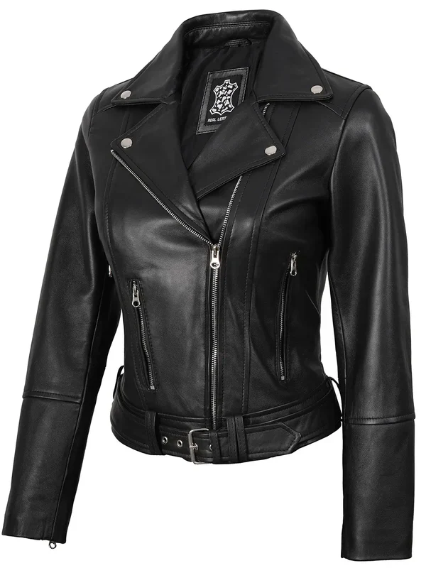 Womens Asymmetrical Black Biker Style Leather Jacket - Image 2