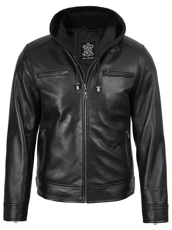 Men's Black Biker Style Leather Jacket with Removable Hood - Image 2