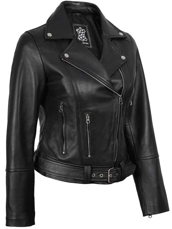 Womens Asymmetrical Black Biker Style Leather Jacket - Image 3