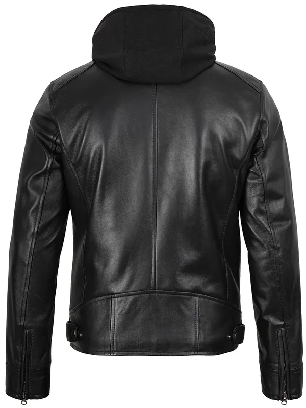 Men's Black Biker Style Leather Jacket with Removable Hood - Image 6