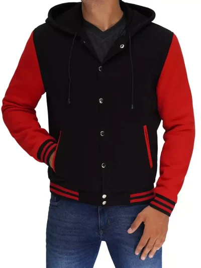 Salerno Men’s Black and Red Hooded Varsity Jacket