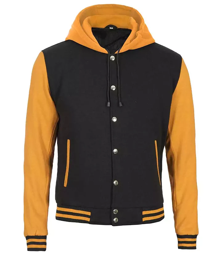 Mens Yellow Black Varsity Jacket with Hood - College Letterman - Image 2