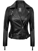 Angela Womens Black Asymmetrical Belted Leather Jacket