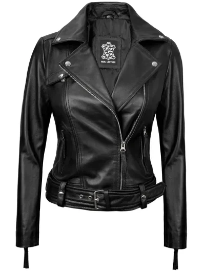 Angela Womens Black Asymmetrical Belted Leather Jacket