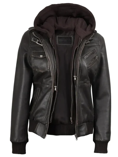 Women's Dark Brown Rub Off Leather Jacket with Removable Hood