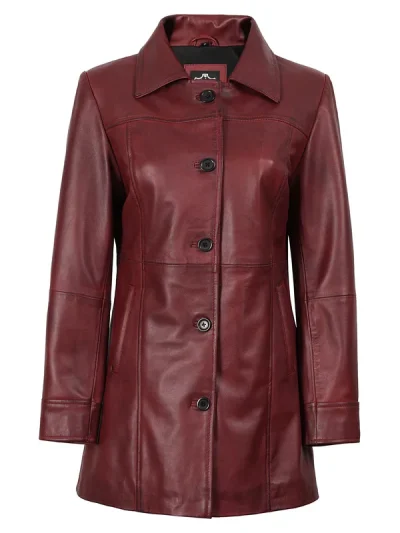 Kandis Women's Burgundy Real Leather Car Coat