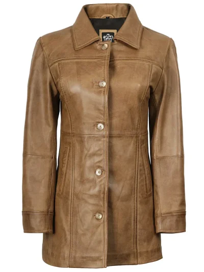 Kandis Womens Camel Brown Real Leather Car Coat