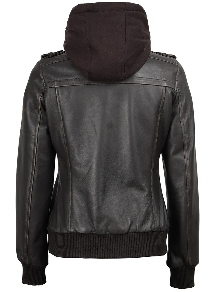 Women's Dark Brown Rub Off Leather Jacket with Removable Hood - Image 8