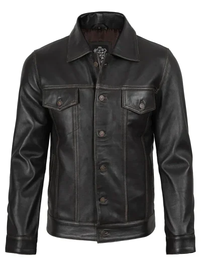 Men's Dark Brown Trucker Leather Jacket