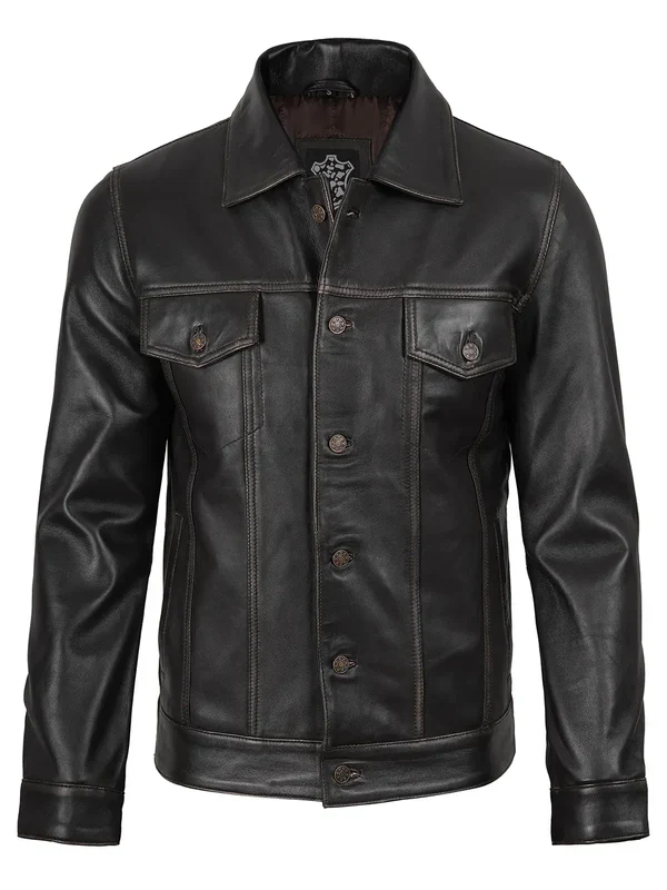 Men's Dark Brown Trucker Leather Jacket
