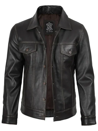 Men's Dark Brown Trucker Leather Jacket